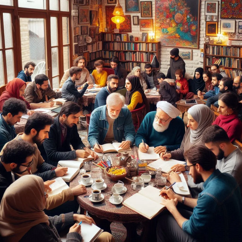 گروهی از افراد در یک کتابخانه یا کافه فرهنگی در حال شرکت در جلسهای هستند که در اطراف میز گرد جمع شدهاند و در حال مطالعه، نوشتن یا گفتگو هستند. فضای گرم و دنج با دیوارهای پر از کتاب و آثار هنری، و نور طبیعی از پنجرههای بزرگ محیط را مخصوص و مناسب برای فعالیتهای فرهنگی و علمی کرده است.