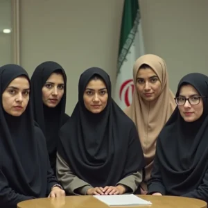 "گروهی از زنان مسلمان در حال حضور در یک جلسه رسمی با پرچم ایران در پسزمینه."