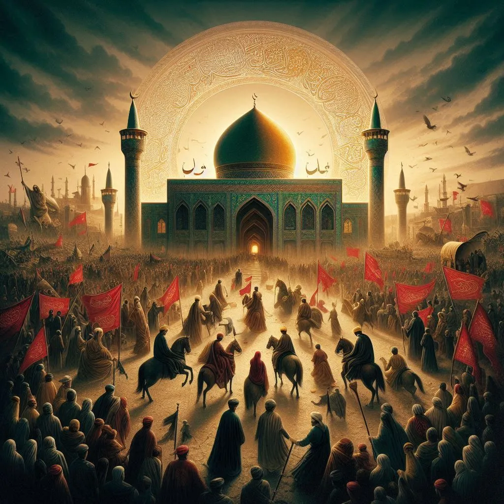 تصویر حماسی و باشکوه از امام حسین علیه‌السلام در کربلا، در حال حرکت به همراه یارانش، با پس‌زمینه‌ای از آسمان درخشان و قلعه‌ای بزرگ، نماد قیام عاشورا.