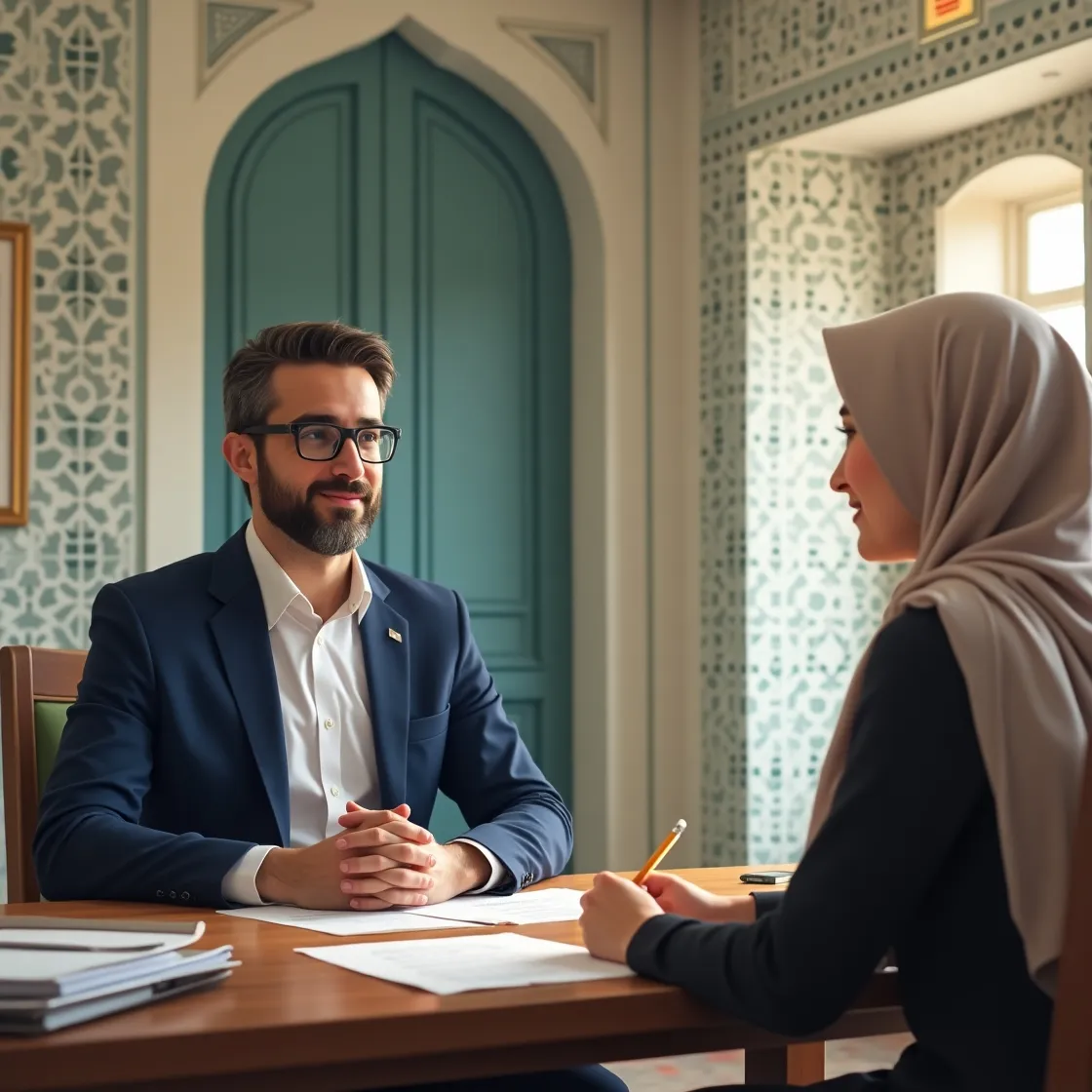 مصاحبه شغلی بین یک مرد و یک زن در محیط اداری.