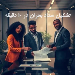 سه نفر از کارکنان با لبخند کنار هم در محیط اداری، مشغول بررسی و امضای مدارک کنار میز جلسه. 