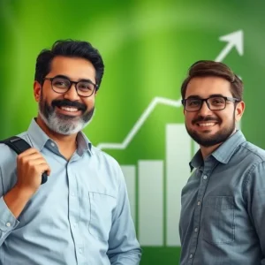 دو مرد با لبخند کنار هم ایستاده‌اند، یکی با کتابخانه یا کیف شیردار و دیگری با پس‌زمینه سبز که نمودارهای صعودی نشان می‌دهد.