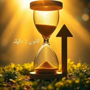 ظرف شیشه‌ای ساعت شنی در مقابل یک تابش طلایی با پیکان رو به بالا؛ نمادی از رشد و گذر زمان. 