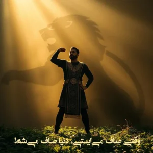 مردی با لباس جنگی ایستاده با بازو بالا در برابر سایه‌ای بزرگ از یک شیر پشت نورانی، نور طلایی از بالا می‌تابد و فضای حماسی ایجاد می‌کند. 