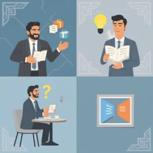 چهار تصویر کارتونی از یک مرد کسب و کاری در حال خواندن کتاب، با ایدههای متفاوت: در اول، کتاب و هدیهها؛ در دوم، لامپ روشن بر سر سر؛ در سوم، نشستن در کافه با علامت سؤال؛ در چهارم، یک فریم با دو مثلث آبی و نارنجی به عنوان نماد تفکر و ارتباط.