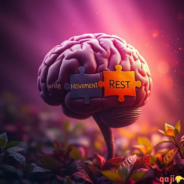 مغز انسان با قطعات پازل که تکه‌ای بزرگ با کلمه "REST" در بخشِ جلویی قرار گرفته است، در سایه‌های بنفش و نارنجی با برگ‌های سبز در اطراف.